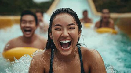 Energetic group of young Asian friends laughing and splashing as they ride a thrilling log flume attraction at an amusement park enjoying the excitement and camaraderie of a summer adventure together