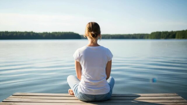 woman sits cross-legged on wooden dock facing serene lake with distant forest under clear sky She wears white tee and jeans her hair in bun embracing tranquility