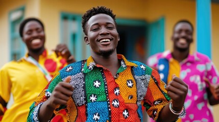Energetic group of African young adults dancing and celebrating with lively street performances conveying a sense of vibrant culture community and joy