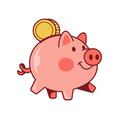 Pink Piggy Bank with Gold Coin Pixel Art Illustration on Transparent Background