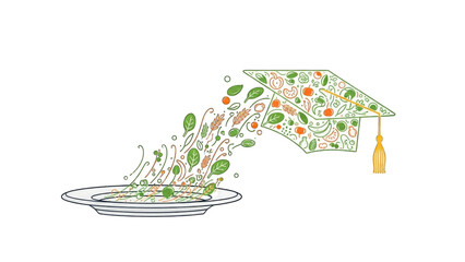 Colorful salad spilling from graduation cap on plate