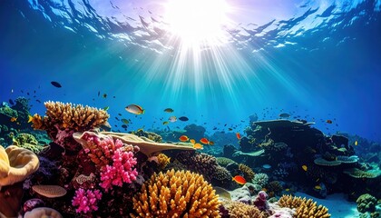 Vibrant underwater coral reef scene teeming with colorful fish and sunlight filtering through the ocean