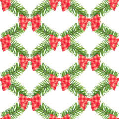 Christmas seamless pattern of pine twigs garland and checkered bows. Hand drawn illustration for wrapping papers, scrapbooking, stationery, party decorators, textile packaging.