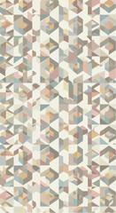 Geometric pattern with triangles and squares in various colors and shades creating a unique design.