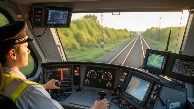train driver in uniform operates complex controls and numerous digital screens within modern cockpit navigating tracks stretching into the horizon bordered by lush green trees under bright sky