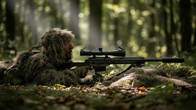 camouflaged operative in ghillie suit lies prone on mossy forest floor holding long-range rifle with scope suppressor and bipod Sunlight beams through the blurred woodland canopy