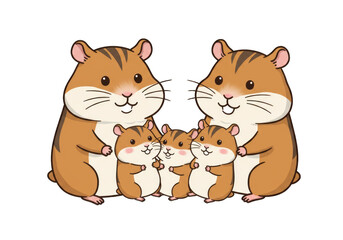 Cute cartoon hamster family illustration with two adult hamsters and three baby hamsters smiling happily.