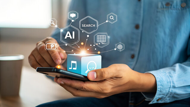 Person using AI technology on smartphone to search and access data, modern digital interface with AI and search icons