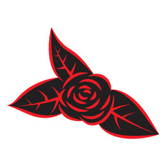 Black rose with red outline. Stylized flower with leaves. Vector illustration isolated on white background.