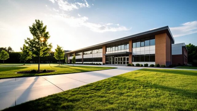 Modern minimalist office building exterior with clean glass facade and green landscaped pathway in the foreground.