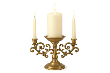 Vintage gold candelabrum with burning candles and flame