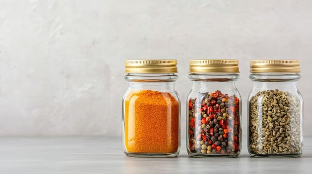 Assorted spices in glass jars displayed on a neutral background providing culinary and showcasing a variety of flavorful ingredients for cooking and recipe development