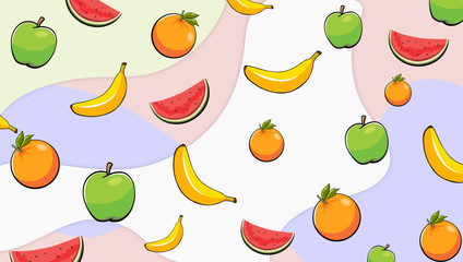 Bright Fruit Pattern With Bananas Apples Oranges And Watermelon On Colorful Background