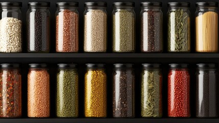 Assorted spices in a variety of glass jars arranged and displayed on a neutral background for culinary and recipe ideas  The spice selection includes a diverse range of colors flavors and aromas