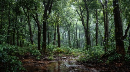 Naklejka premium Mahogany forest Greenery After the Rain