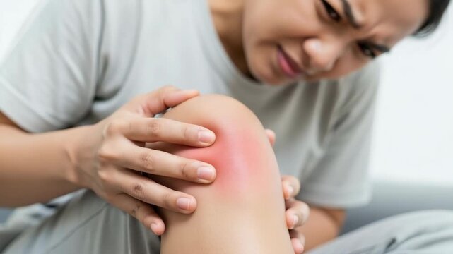 person in light gray shirt grimaces clutching their right knee with both hands The kneecap exhibits visible red inflamed area clearly indicating acute pain injury or discomfort