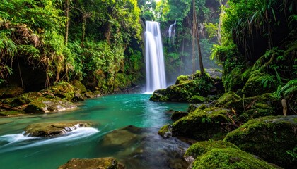 Serene waterfall cascading into a lush green forest with vibrant foliage and tranquil river below
