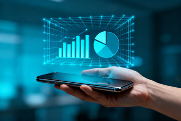 Hand holding smartphone with holographic data display