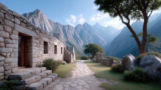 Machu Picchu Ruins in Peru Cinematic HDR Landmark Travel with Stone Buildings and Distant Mountain Peaks Under a Blue Sky, Featuring Lush Green Vegetation