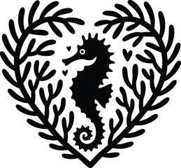 Seahorse silhouette nestled within a heart of leaves