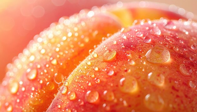 Macro Shot of Fresh Nectarine Covered with Water Droplets during Golden Hour with Selective Focus and Bokeh Background