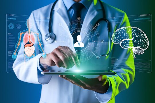 Doctor using tablet with digital human anatomy and brain interface, smart healthcare, AI diagnosis, and future medical innovation technology. health check concept.