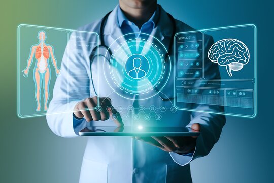 Doctor using tablet with digital human anatomy and brain interface, smart healthcare, AI diagnosis, and future medical innovation technology. health check concept.