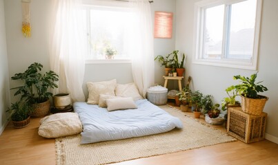 Obraz premium Calm Modern Home Wellness Space with Plants and Natural Light Premium Relaxation Setup for Millennial Lifestyle and Holistic Marketing Content