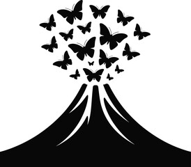 Volcano erupting with butterflies in a striking silhouette