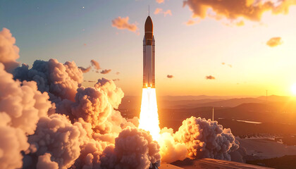 Rocket Ascent Into Sunset: A powerful rocket blasts off into the sky, igniting a trail of fire and smoke against a beautiful sunset, symbolizing ambition, exploration, and the pursuit of the unknown.