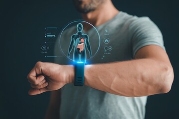 Person wearing a smartwatch that tracks health data, with digital holographic visuals displaying vital health statistics like heart rate, temperature, and other health metrics.