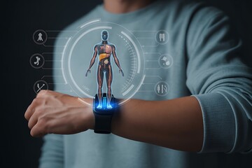 Person wearing a smartwatch that tracks health data, with digital holographic visuals displaying vital health statistics like heart rate, temperature, and other health metrics.