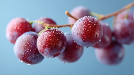 Macro Close Up of Fresh Red Grapes on Branch with Water Droplets Against Pale Blue Background in Cinematic HDR Food Photography Style