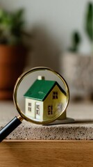 Premium Miniature House Model Under Magnifying Glass Modern Real Estate Concept for Young Professionals Confident Property Search and Marketing Content