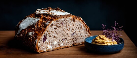 High-Quality Whole-Grain Sourdough Artisan Bread with Hummus and Radishes in Cozy Cafe Setting for Modern Lifestyle Marketing and Social Media Content