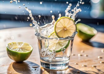 Fresh lime juice drips slowly from a salt-rimmed glass into a pool of water