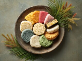 Authentic Korean Songpyeon Rice Cake Assortment on Rustic Plate for Premium Chuseok Holiday Celebrations and Family Lifestyle Marketing Campaigns