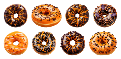 PNG Halloween-themed spider web donuts, element set on transparent background