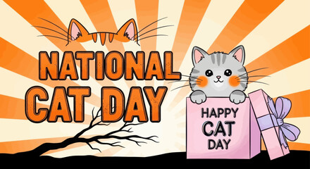 Cute cartoon cat peeking out of a gift box celebrating national cat day with playful text and sunny background