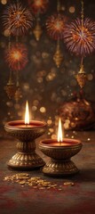 Premium Authentic Diwali Festival Background with Glowing Oil Lamps and Fireworks for Modern Family Holiday Marketing and Social Media Campaigns