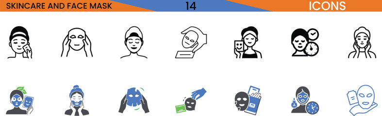 Skincare routine facial mask cosmetic beauty self care woman girl simple outline icons collection vector