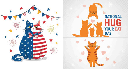 Cute cartoon tiger cats celebrating national hug your cat day with festive bunting and american flag theme in adorable whimsical art style