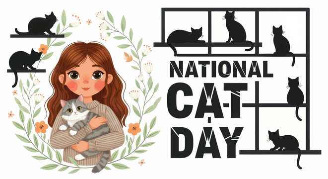 Adorable girl hugging cat celebrate national cat day surrounded by silhouettes of cats and foliage