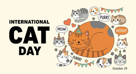 Celebrate international cat day with a whimsical world map covered in adorable feline friends and playful text promoting the joy of cats worldwide