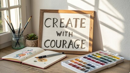 Creative workspace featuring inspiring quote, art supplies, and watercolor palette for artistic motivation and expression