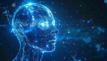 Obraz premium Digital Human: A luminous digital representation of a human head, depicting intricate neural networks and sparking with futuristic energy.