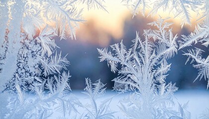 Frosty patterns frame a serene winter landscape at dawn, with soft light illuminating the scene