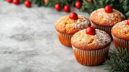 Freshly baked and artfully decorated muffins arranged on a rustic wooden table with vibrant cranberries and pine sprigs adding a festive cozy touch  This still life scene captures the homemade