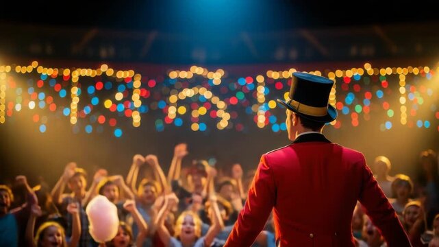 performer in red jacket and top hat faces an excited audience cheering with raised arms Colorful string lights illuminate the joyful atmosphere of the show with one child holding cotton candy