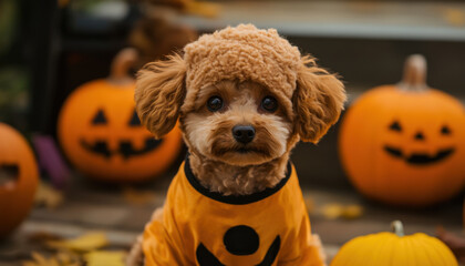 Adorable toy poodle dog wearing a pumpkin costume surrounded by jack o lanterns